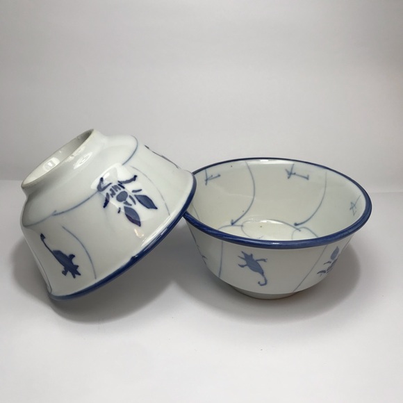 Rare Chinese Blue White Floral Porcelain Rice Noodle Bowls-Vintage set of 2 - Picture 3 of 8
